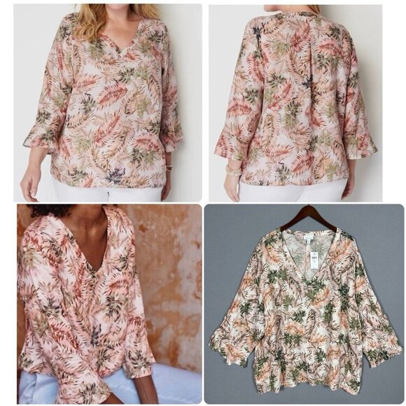 NWT J Jill LOVE LINEN Top Size 4X Flounce Sleeve V-Neck Tropical Palm Leaves NEW - Picture 1 of 16